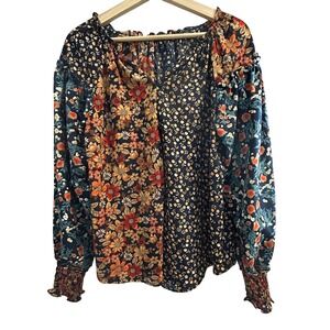 Floral Patchwork Peasant Blouse Navy Orange Metallic Stripe Smocked Cuff Small